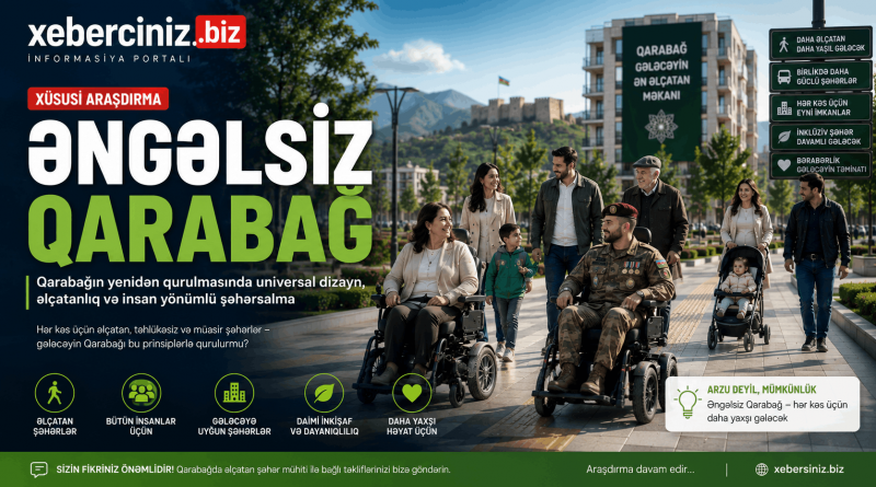 “Əngəlsiz Qarabağ” haradadır? Qarabağda universal dizayn və əlçatan şəhər konsepsiyasını əks etdirən illüstrasiya – əlilliyi olan şəxslər, qazilər, yaşlılar, uşaqlar və ailələr üçün inklüziv şəhər mühiti.